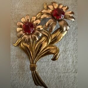 Vintage Gold Floral Brooch with Red Rhinestones